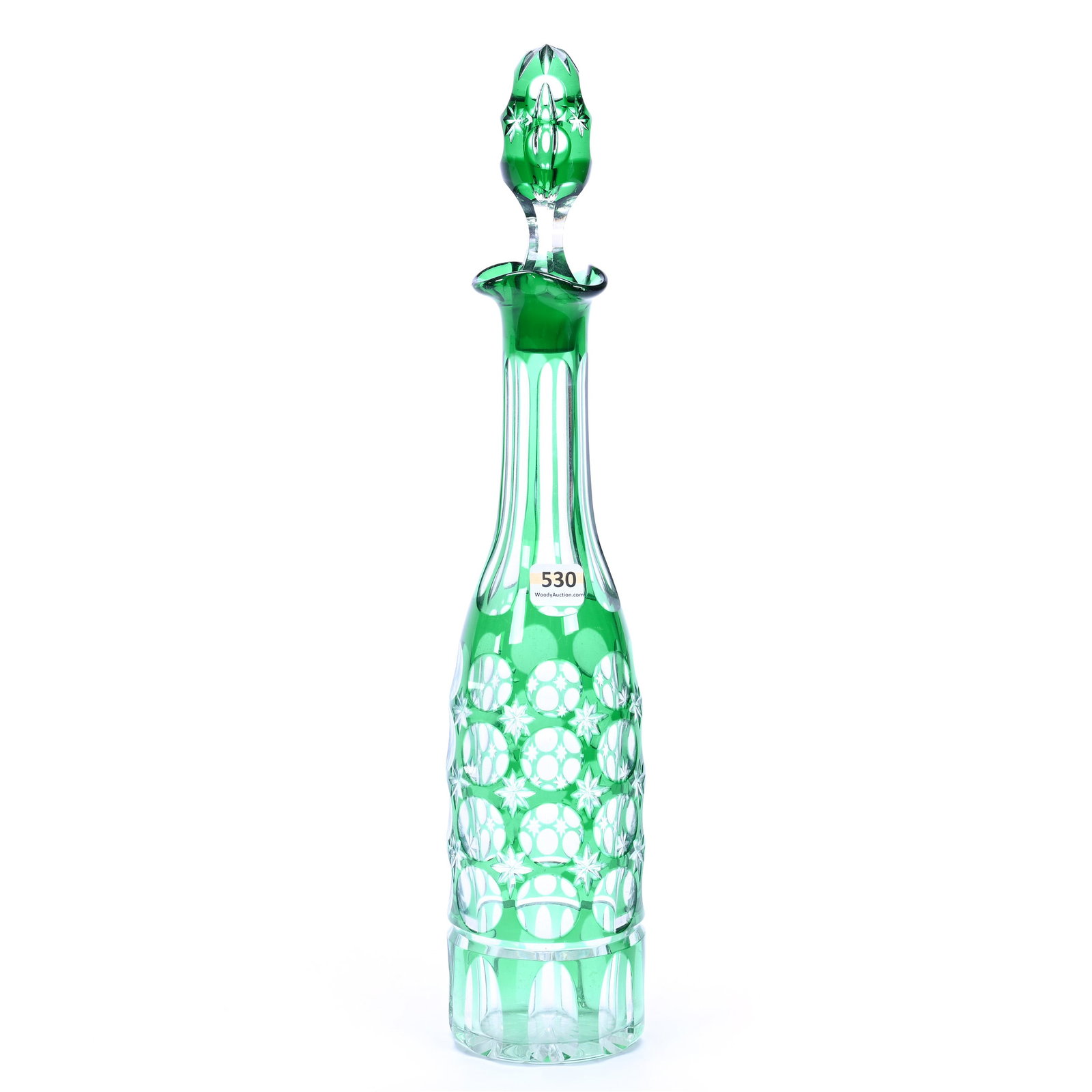 Decanter, Brilliant Period Cut Glass, Green Cut To Clear: Decanter, Brilliant Period Cut Glass, Green Cut To Clear, 16.5" x 3.25", Punty And Star Motif, Pattern Cut Stopper, Ray Cut Base, Grady And Annette Hite Collection, NC.