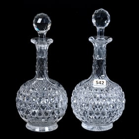 Pair Decanters, American Brilliant Cut Glass, Hob Button Pattern