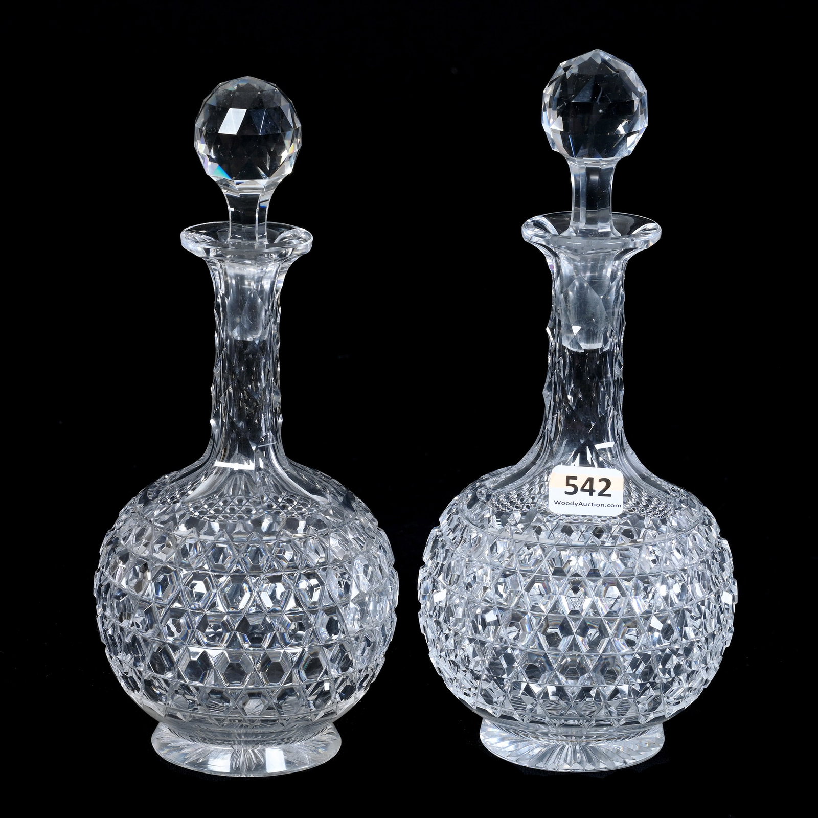 Pair Decanters, American Brilliant Cut Glass, Hob Button Pattern: Pair Decanters, American Brilliant Cut Glass, Hob Button Pattern, 8.5" x 3.75" approximately, Wafer Ray Cut Foot, Stopper Sizes Create Height Difference Between The Two, Grady And Annette Hite Collect