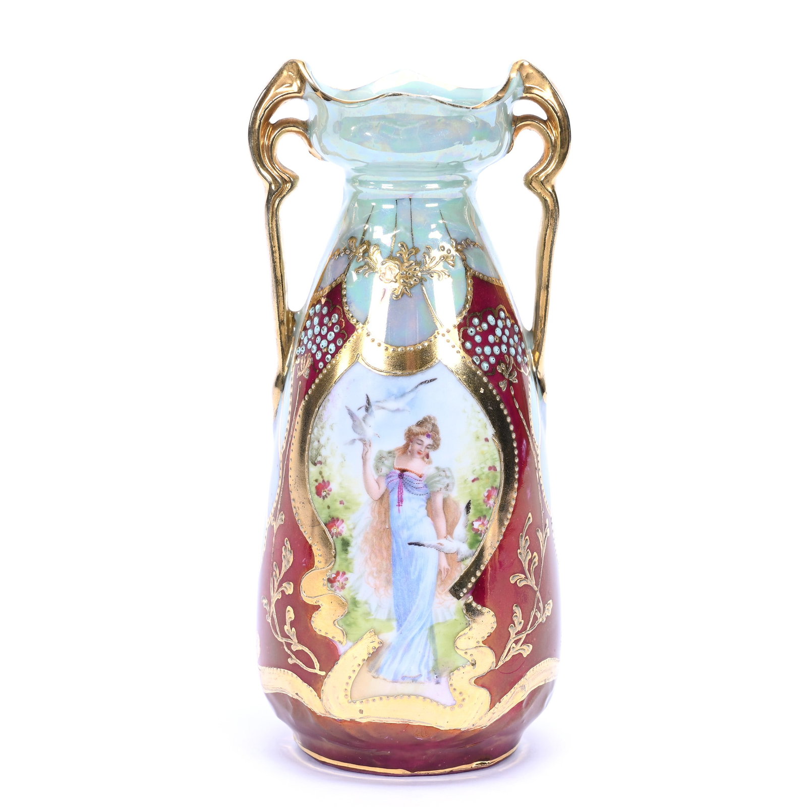 Vase, Two Handles, Marked Royal Windsor: Vase, Two Handles, Marked Royal Windsor, 6.25" x 3", Maroon And Green Luster Background, Woman With Doves, Nice Gold Highlights, Original Athens Georgia Jeweler Label, Grady And Annette Hite Collectio