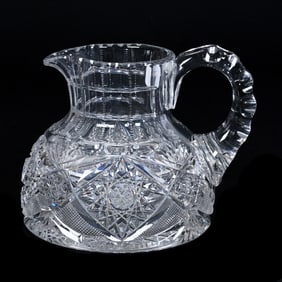 Pitcher, American Brilliant Cut Glass, Hobstar, Strawberry Diamond And Fan Motif