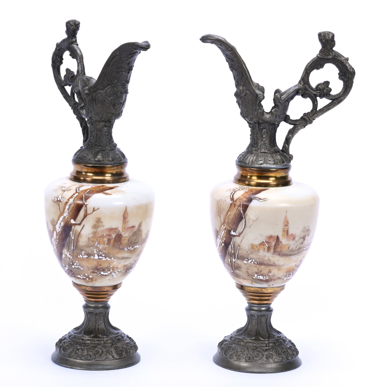 Pair Ewers, Unmarked C.F. Monroe, Village And Tree Scenic Decor: Pair Ewers, Unmarked C.F. Monroe, Village And Tree Scenic Decor, 14" x 6.5", Metal Base And Spout, Grady And Annette Hite Collection, NC.
