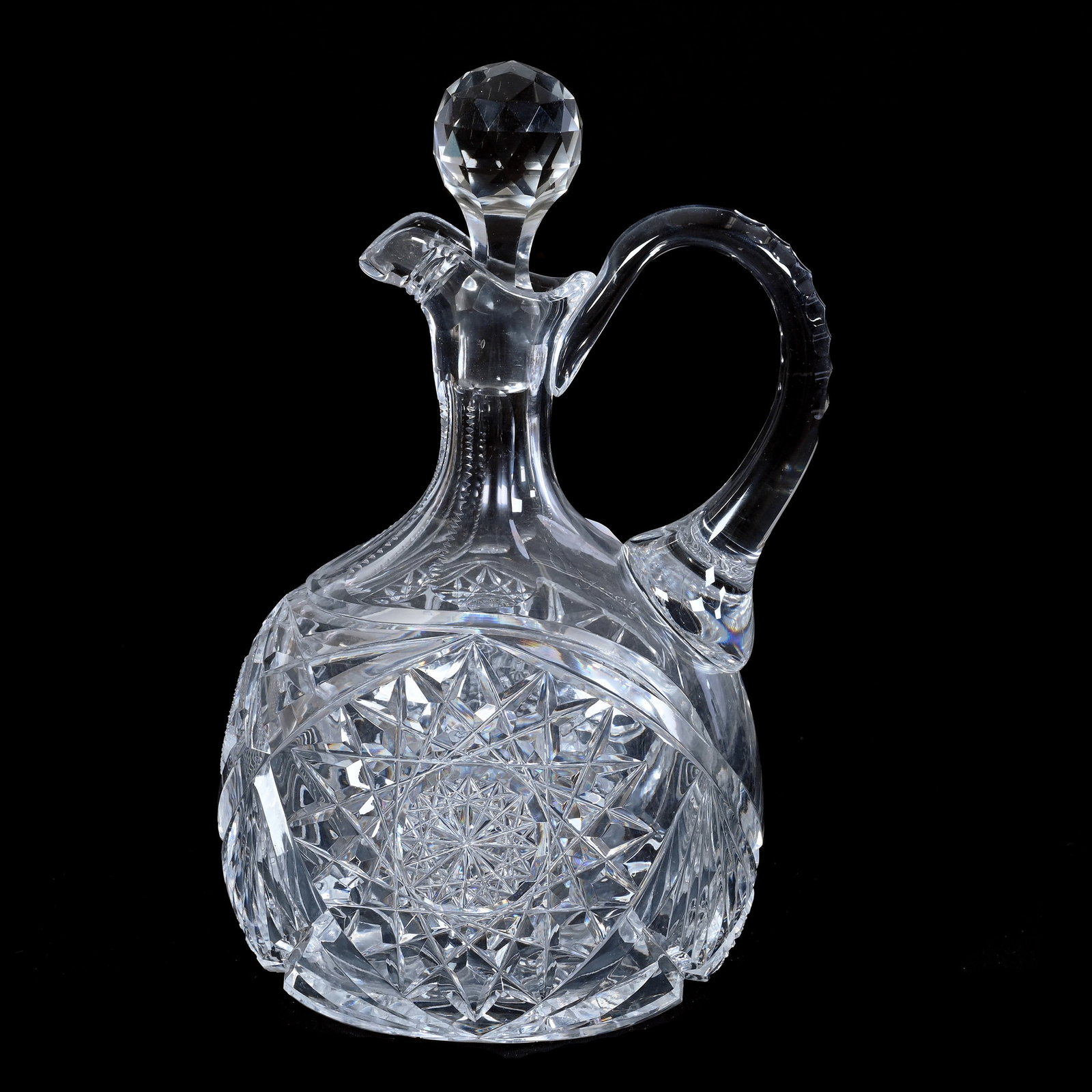 Ovoid Decanter, American Brilliant Cut Glass, Hobstar, Strawberry Diamond And Fan Motif: Ovoid Decanter, American Brilliant Cut Glass, Hobstar, Strawberry Diamond And Fan Motif, 10.25" x 6", Hobstar Cut Base, Grady And Annette Hite Collection, NC.
