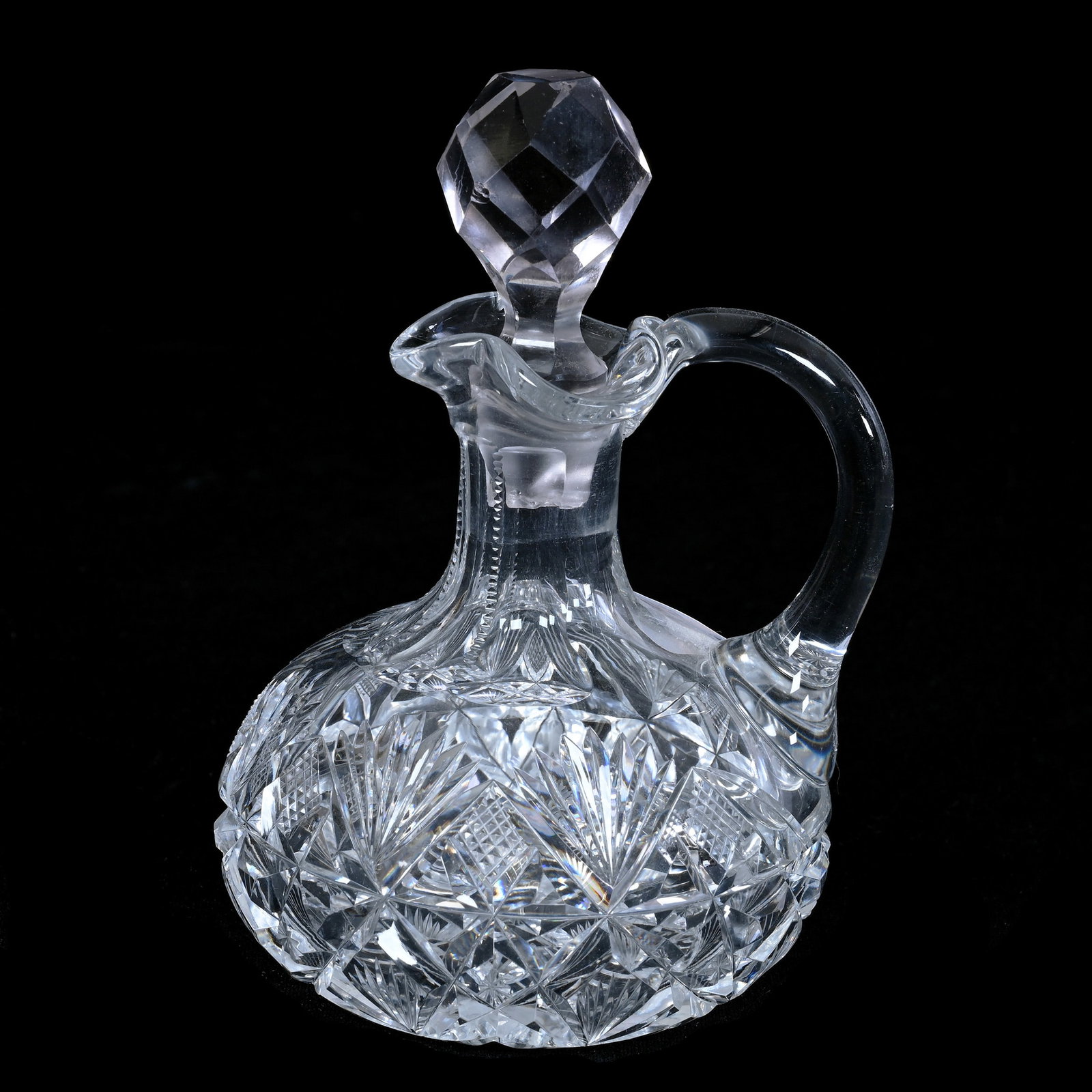Cruet Bottle, American Brilliant Cut Glass, Signed Hawkes Brazilian Pattern: Cruet Bottle, American Brilliant Cut Glass, Signed Hawkes Brazilian Pattern, 5.5" x 3.75", Ray Cut Base, Replacement Stopper With Chips, Grady And Annette Hite Collection, NC.