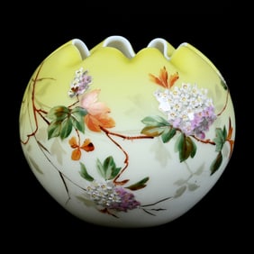 Rose Bowl, Yellow Satin Art Glass, Enamel Branch And Blossom Decor