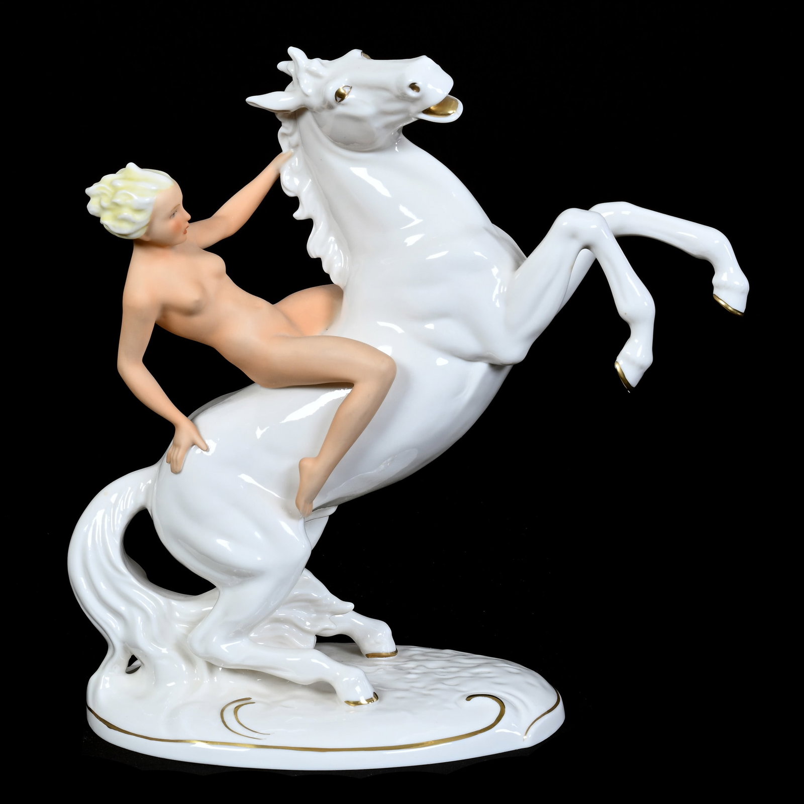 Figurine Marked Schaubach-Kunst Porcelain: Figurine Marked Schaubach-Kunst Porcelain, 11.5" x 11", Circa 1955, White Stallion With Female Rider, Grady And Annette Hite Collection, NC.