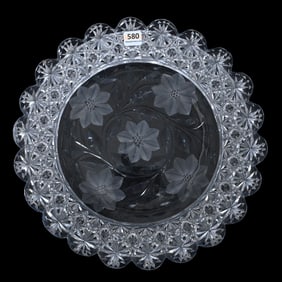 Round Tray, American Brilliant Cut Glass, Engraved Floral Center With Geometric Cut Border