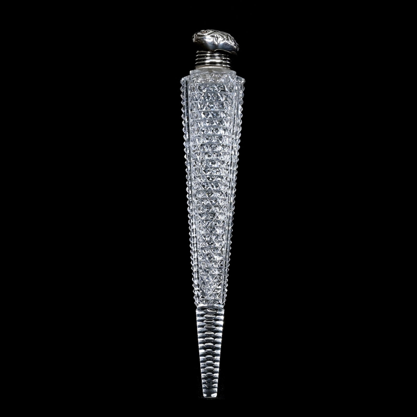 Lay Down Perfume, Brilliant Period Cut Glass, Silver Twist Cap, Some Bends To Silver Cap (1 of 3)