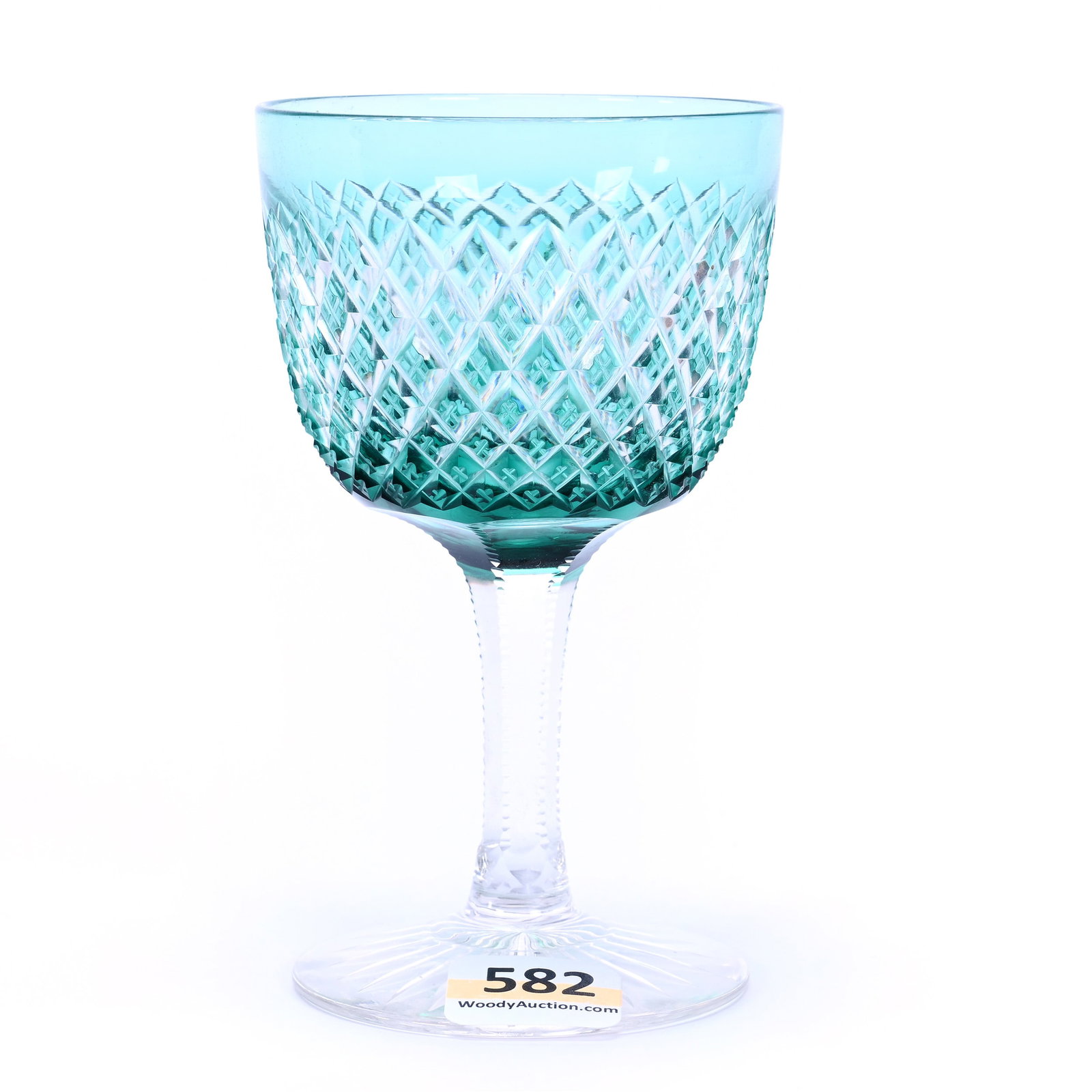 Wine Stem, American Brilliant Cut Glass, Turquoise Cut To Clear: Wine Stem, American Brilliant Cut Glass, Turquoise Cut To Clear, 4.5" x 2.625", Crosscut Diamond Pattern, Solid Notched Stem, Ray Cut Foot, Grady And Annette Hite Collection, NC.