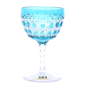 Wine Stem, Brilliant Period Cut Glass, Unique Teal Cut To Clear - 2 Cut Octagon Pattern by Straus