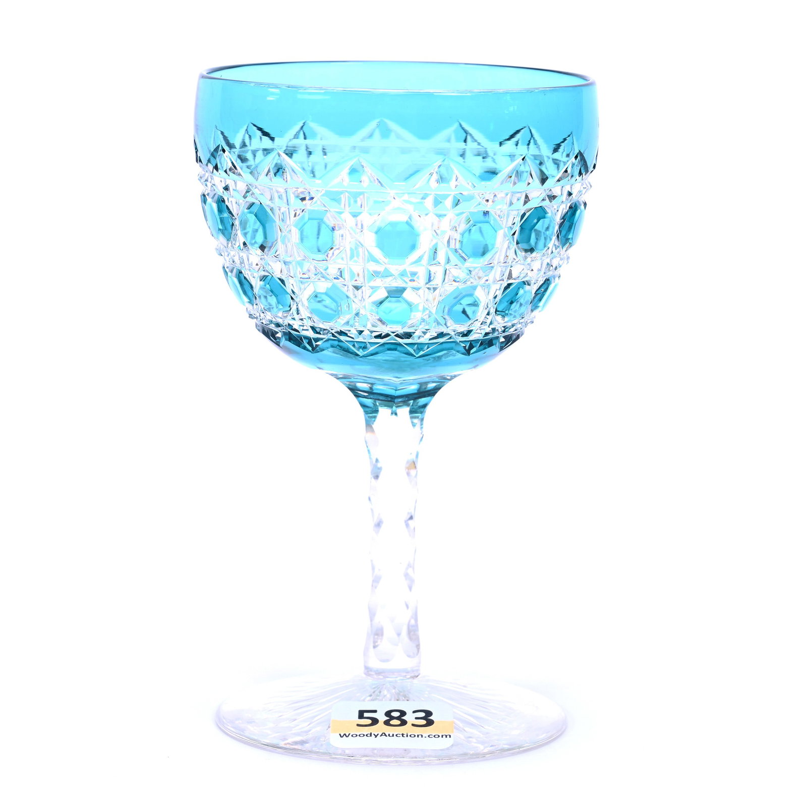 Wine Stem, Brilliant Period Cut Glass, Unique Teal Cut To Clear - 2 Cut Octagon Pattern by Straus: Wine Stem, Brilliant Period Cut Glass, 2-Cut Octagon by Straus, Unique Teal Cut To Clear, 4.75" x 2.75", Cane Type Pattern, Diamond Cut Stem, Ray Cut Foot, Grady And Annette Hite Collection, NC. UPDAT