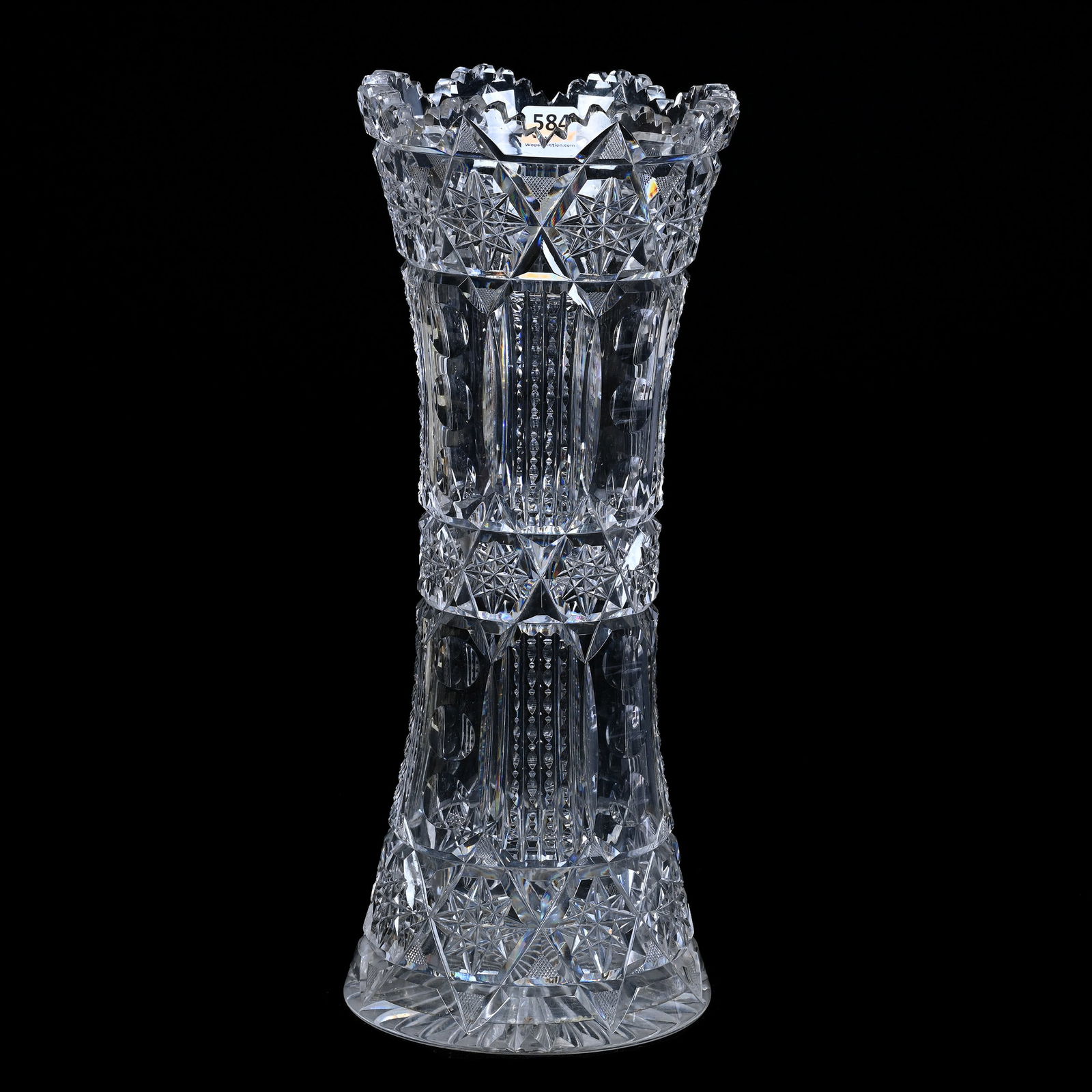 Corset Vase, ABCG, Hobstar Chains With Alternating Panels Of Prism And Bullseye Motif: Corset Vase, American Brilliant Cut Glass, Hobstar Chains With Alternating Panels Of Prism And Bullseye Motif, 13.75" x 5.5", Ray Cut Base, Tooth Nicks, Grady And Annette Hite Collection, NC.