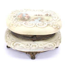 Oval Jewel Box, Wave Crest Stamp Mark, Embossed Scroll Mold