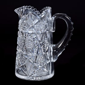 Water Pitcher, American Brilliant Cut Glass, Hobstar, Strawberry Diamond And Fan Motif