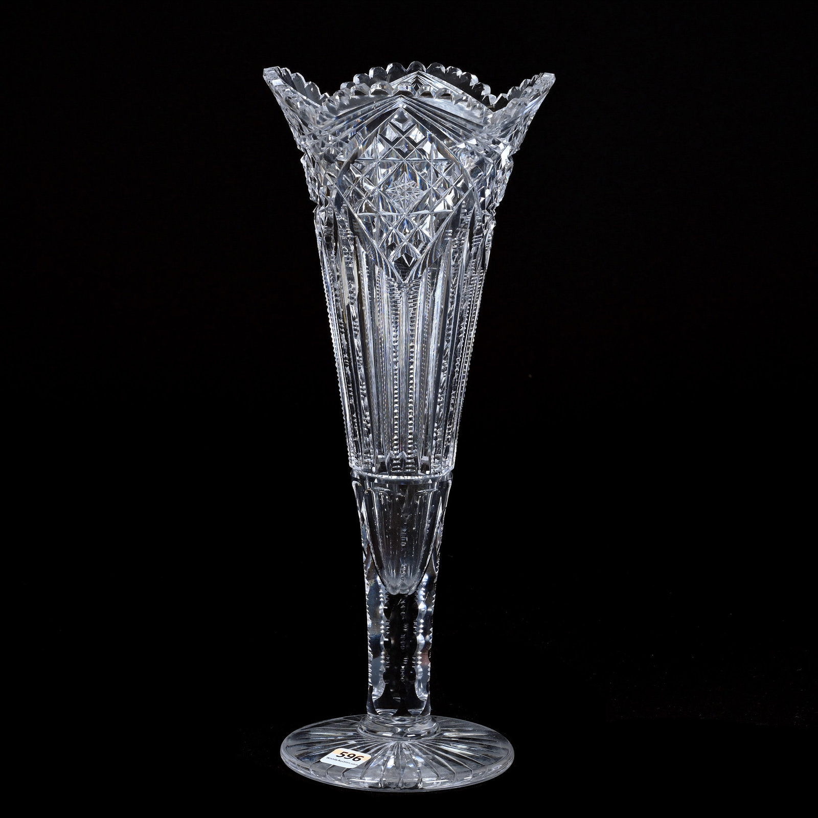 Trumpet Vase, American Brilliant Cut Glass, Hobstar, Prism And Crosshatch Motif: Trumpet Vase, American Brilliant Cut Glass, Hobstar, Prism And Crosshatch Motif, 14" x 5.75", Attributed To J. Hoare, Two Teeth With Top Surface Chips, Grady And Annette Hite Collection, NC.