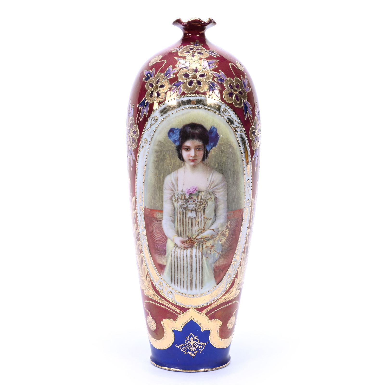 Vase Marked Prov Saxe, Maroon With Lavender Border (1 of 3)