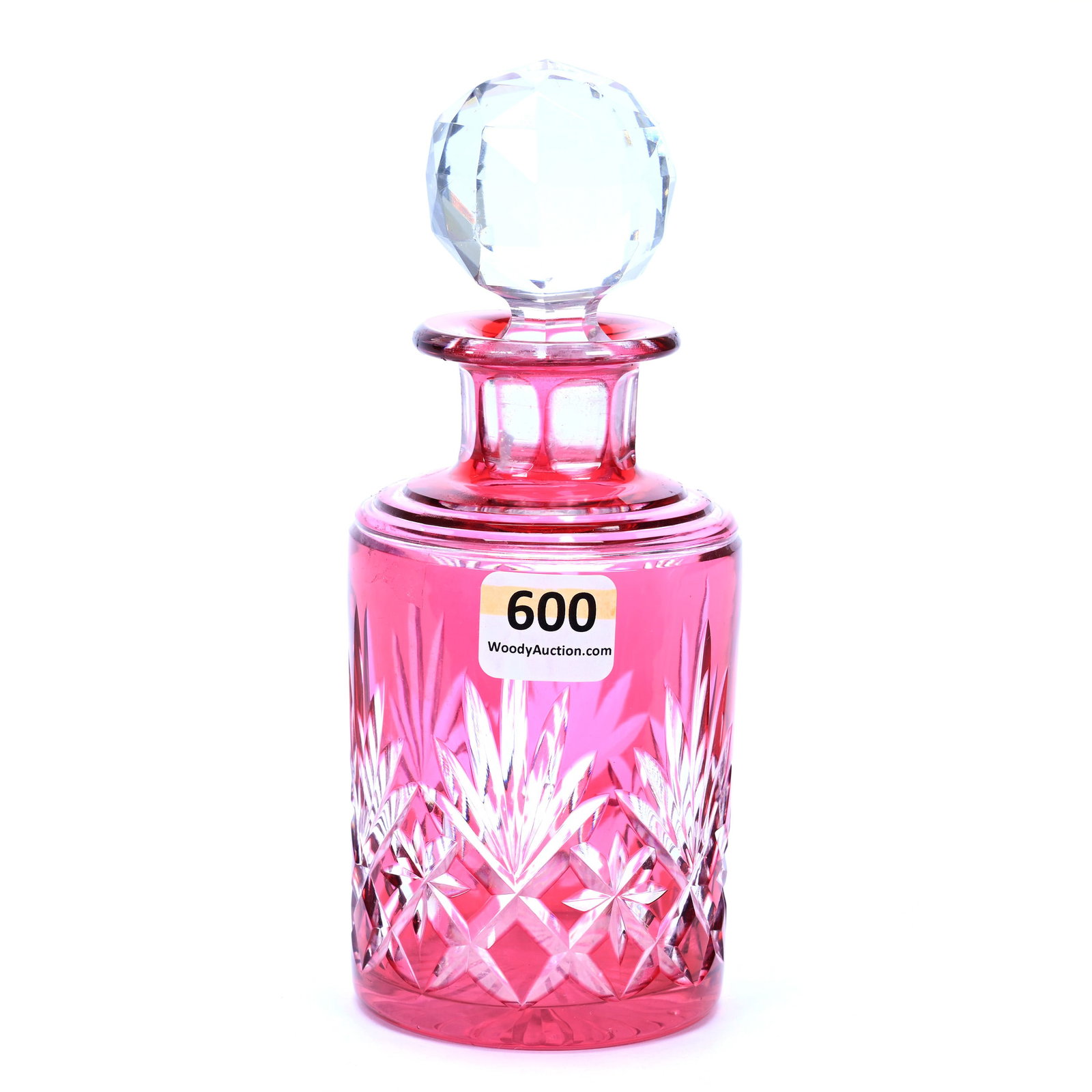 Cologne Bottle, Brilliant Period Cut Glas, Cranberry Cut To Clear: Cologne Bottle, Brilliant Period Cut Glass, Cranberry Cut To Clear, 6.25" x 2.75", Diamond, Star And Fan Motif, Attributed To Val St. Lambert, Ray Cut Base, Chips On Stopper Plug, Grady And Annette Hi