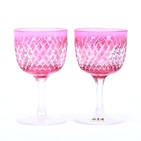 Pair Wine Stems, American Brilliant Cut Glass, Cranberry Cut To Clear