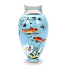 Vase, Unmarked Harrach White Opal Ware With Applied Koi Fish
