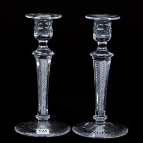 Pair Candlesticks, American Brilliant Cut Glass, Air Twist Stem, Clear Blank, Ray Cut Foot
