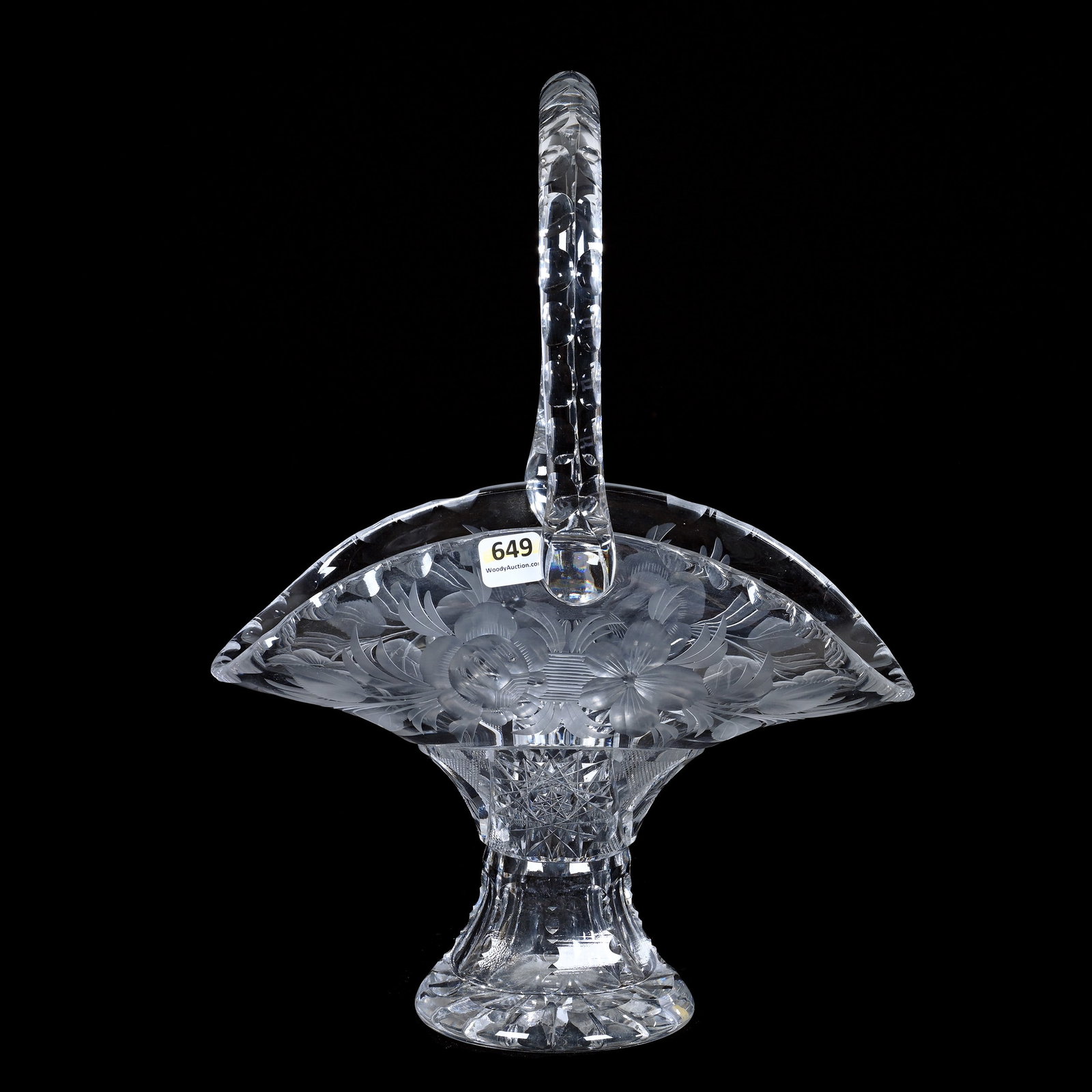 Basket, American Brilliant Cut Glass, Regal Pattern By Sterling Cut Glass: Basket, American Brilliant Cut Glass, Regal Pattern By Sterling Cut Glass, 13.75" x 10.25" x 5.75", Double Notched Handle, Ray Cut Base, Grady And Annette Hite Collection, NC.