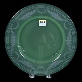 Plate, Green Jade Art Glass By Steuben, Engraved Floral Garland Design