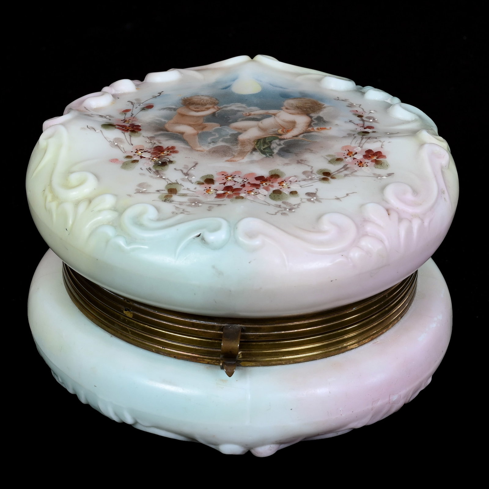 Jewel Box, Wave Crest Stamp Mark: Jewel Box, Wave Crest Stamp Mark, 3.25" x 5.5", Pastel Pink, Blue And Yellow Tones, Cherub Scenic Decor, Embossed Scroll Mold, Grady And Annette Hite Collection, NC.