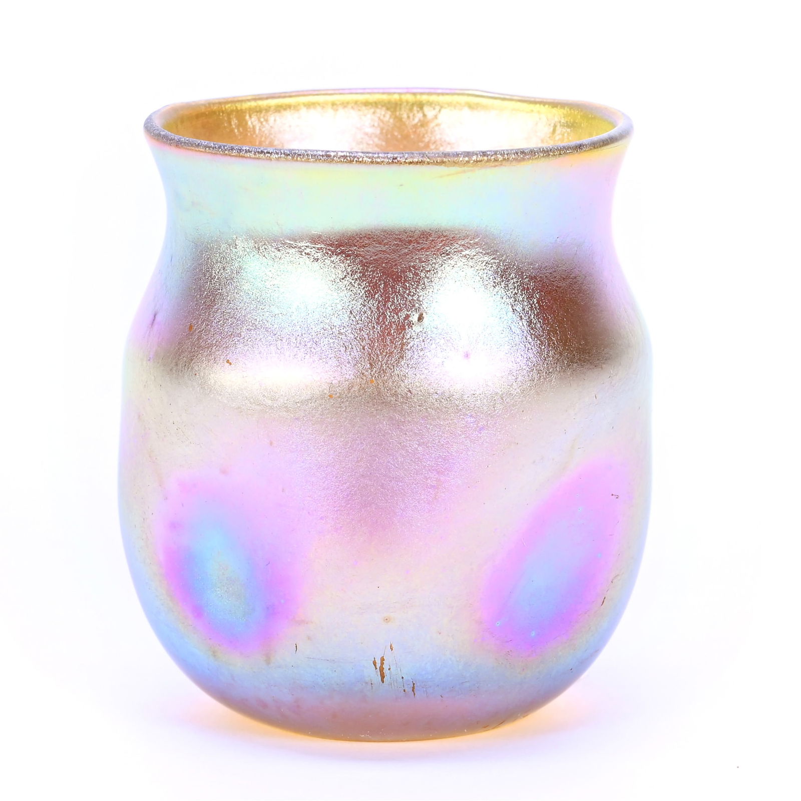 Toothpick Holder/Liqueur Glass Signed L.C.T. #R5759: Toothpick Holder/Liqueur Glass Signed L.C.T. #R5759, 1.75" x 1.5", Nice Gold Iridescence, Grady And Annette Hite Collection, NC.