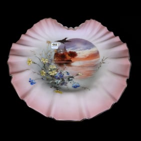 Brides Bowl, Pink Cased Satin Art Glass, Enamel Floral Decor