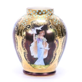Vase Marked Prov Saxe, Iridescent Tiffany Ground, Gold Trim