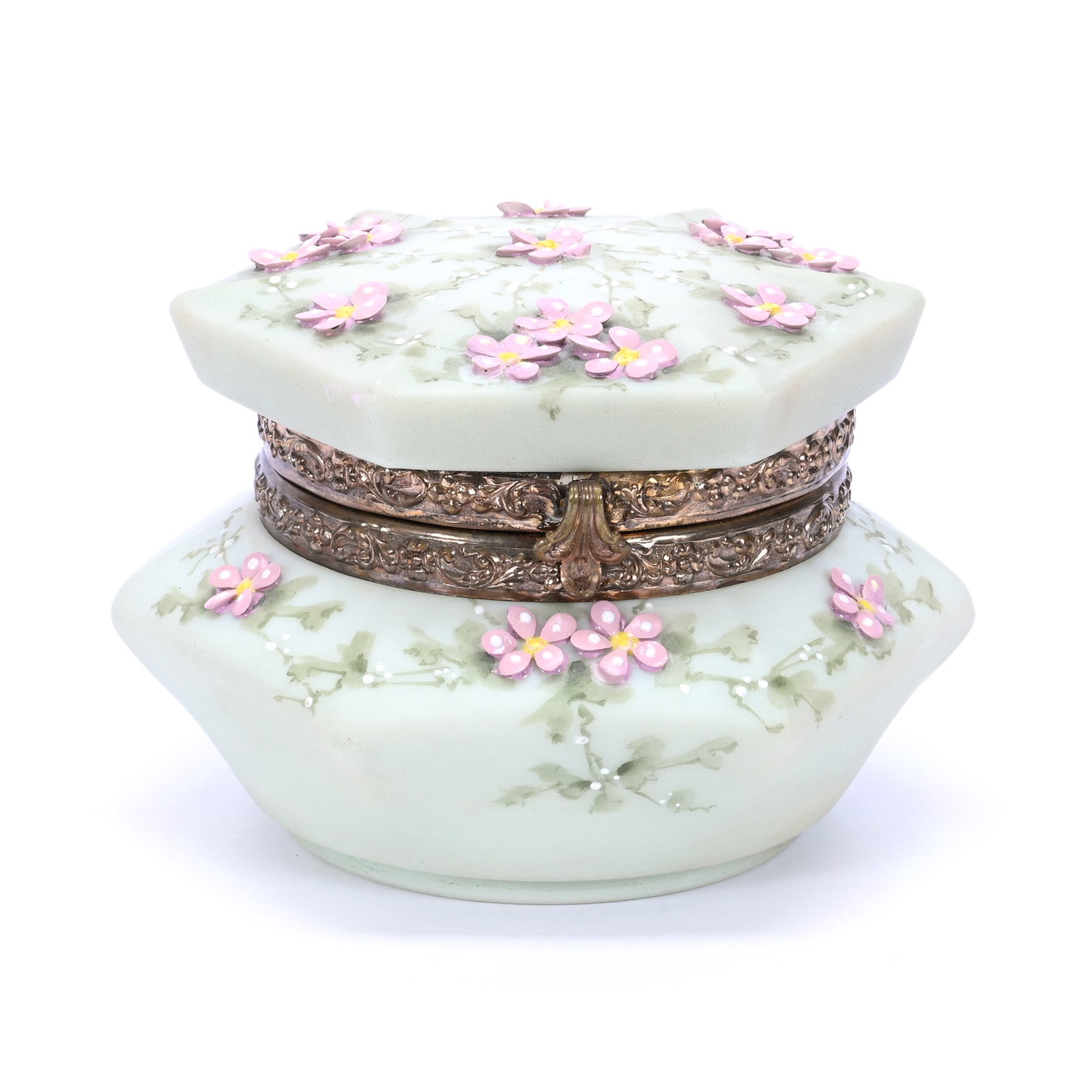 Jewel Box Marked Nakara, Six-Sided: Jewel Box Marked Nakara, Six-Sided, 3.5" x 4.75", Green Tones, Pink Applied Floral Decor, Grady And Annette Hite Collection, NC.