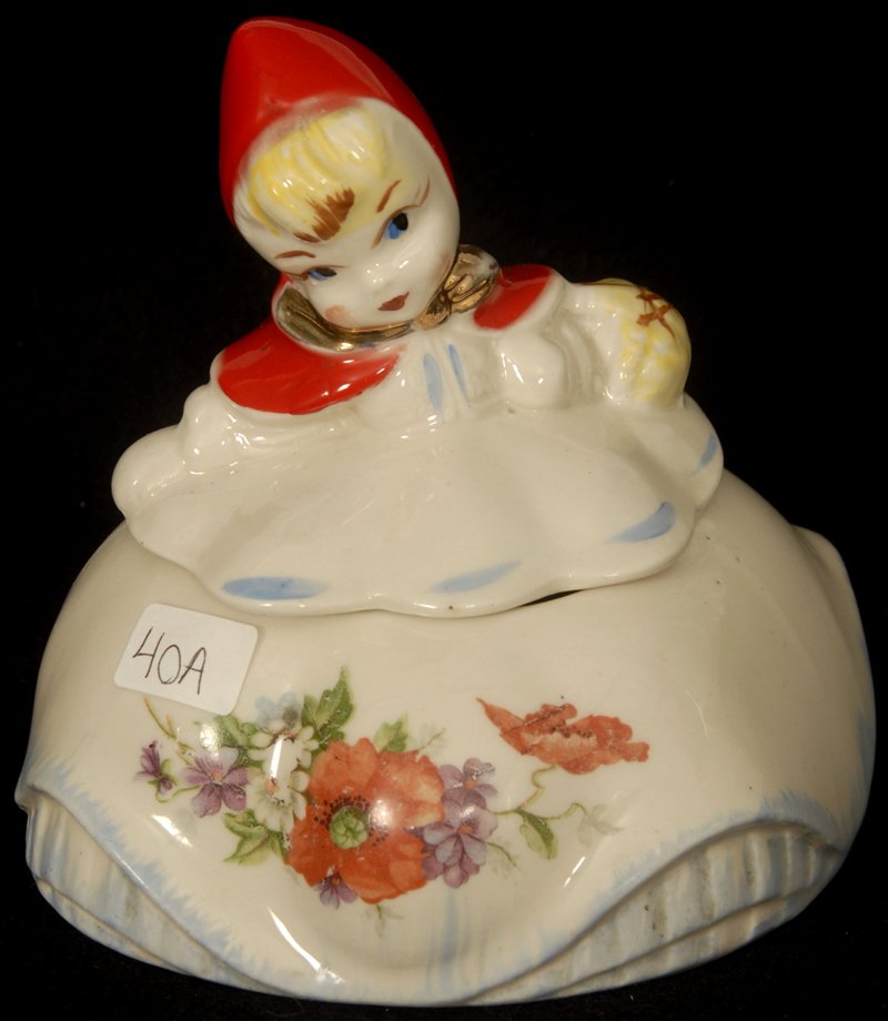 3 1/2" HULL POTTERY FIGURAL LITTLE RED RIDING HOOD COVE: 3 1/2" HULL POTTERY FIGURAL LITTLE RED RIDING HOOD COVERED SUGAR