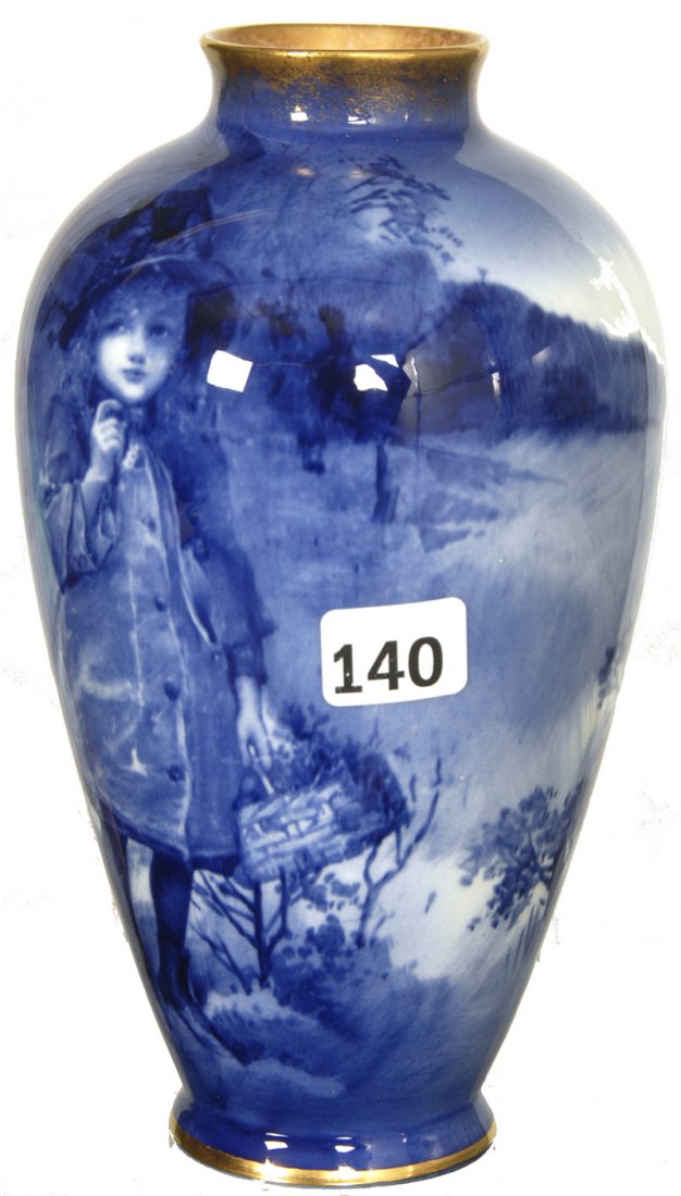 7" UNMARKED ROYAL DOULTON FLOW BLUE VASE: 7" UNMARKED ROYAL DOULTON FLOW BLUE VASE BABES IN THE WOODS YOUNG GIRL WITH BASKET SCENIC DECOR - GOLD STENCIL TRIM