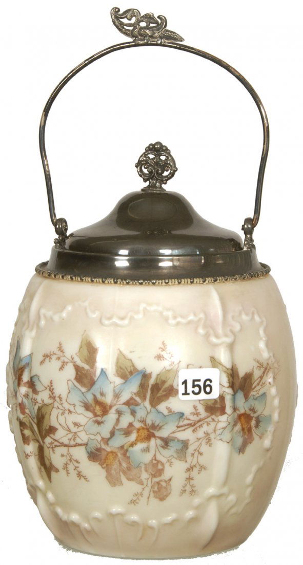 8 1/2" UNMARKED WAVE CREST EGG SHAPED BISCUIT JAR: 8 1/2" UNMARKED WAVE CREST EGG SHAPED BISCUIT JAR PINK AND WHITE TONES WITH BLUE FLORAL DECOR - SILVERPLATE LID AND BAIL