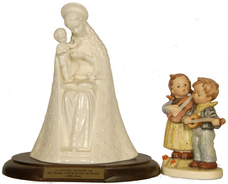 (2) HUMMEL FIGURINES: (2) HUMMEL FIGURINES (1) 8 1/4" FLOWER MADONNA, WHITE #10/1, MARK 7 WITH BOX AND WOOD BASE; (1) 5 1/4" HAPPY DAYS #150 2/0, MARK 6 WITH BOX