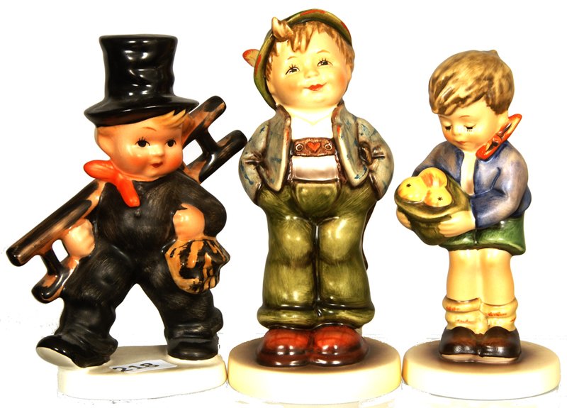 (3) HUMMEL FIGURINES: (3) HUMMEL FIGURINES (1) 4 3/4" GIFT FROM A FRIEND #485, MARK 7; (1) 5 1/4" BLACK SUIT & LADDER #KF40; (1) 5 1/2" HELLO WORLD #429, MARK 6
