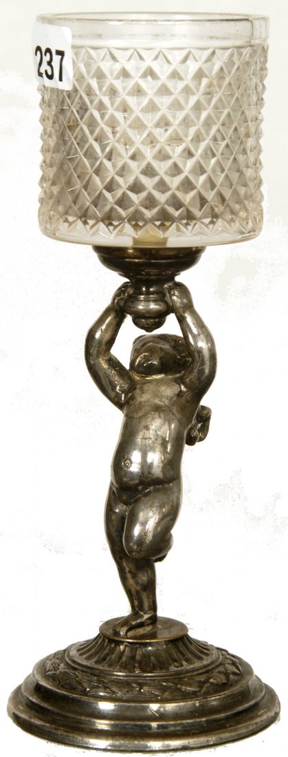 7 1/2" PAIRPOINT FIGURAL CHERUB CANDLESTAND: 7 1/2" PAIRPOINT FIGURAL CHERUB CANDLESTAND CLEAR DIAMOND POINT GLASS TOP