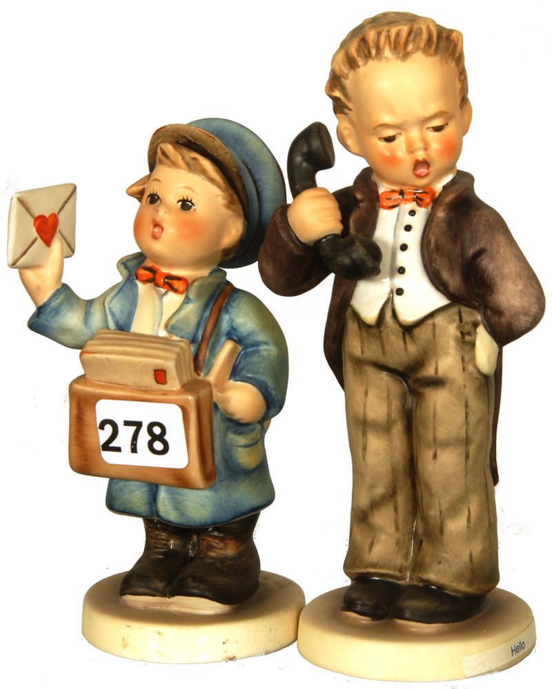(2) HUMMEL FIGURINES: (2) HUMMEL FIGURINES (1) 5 3/4" HELLO #124/0, MARK 6; (1) 4 3/4" POSTMAN (SMALL HAT) #119, MARK 3
