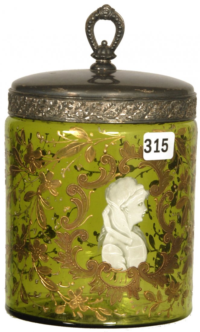 7" ART GLASS TOBACCO JAR: 7" ART GLASS TOBACCO JAR GREEN WITH MARY GREGORY STYLE DECOR - GOLD ENAMEL - TUFTS SILVERPLATE LID