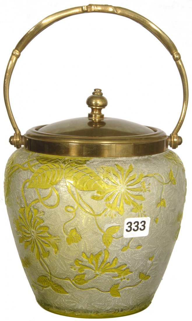 7" UNMARKED VAL ST. LAMBERT, CAMEO CUT ART GLASS BISCUI: 7" UNMARKED VAL ST. LAMBERT, CAMEO CUT ART GLASS BISCUIT JAR YELLOW CUT TO CLEAR FLORAL & VINE CAMEO DECOR ON ACID CUT "FERN" BACKGROUND - BRASS COLORED LID & BAIL