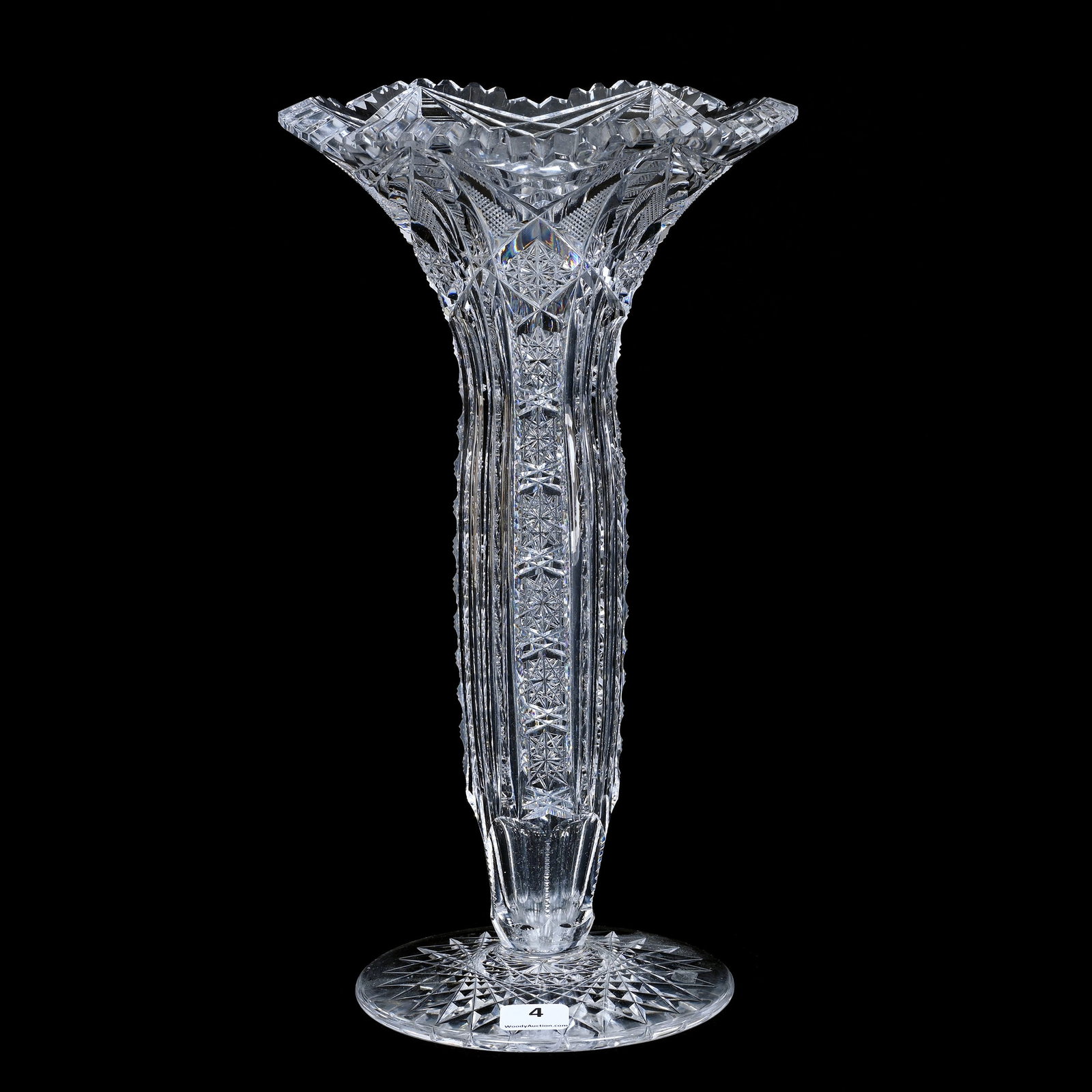 Vase, Flared, American Brilliant Cut Glass, Cypress Pattern By Clark: Vase, Flared, American Brilliant Cut Glass, Cypress Pattern By Clark, 11.75" x 6.5", Hobstar Foot, Quality Blank, Estate Of Paul Pellet, Texas.