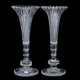 Pair Trumpet Vases, American Brilliant Cut Glass, Prism Cut Body With Prism Cut Knob Stem