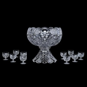 Punch Bowl, Two Part, American Brilliant Cut Glass, Signed Hawkes Queens Pattern