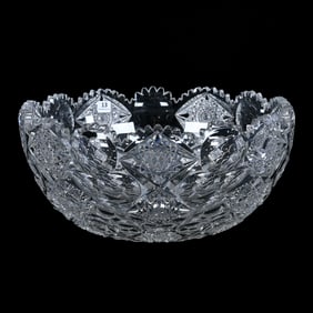 Punch Bowl, One Piece, American Brilliant Cut Glass, Signed Hawkes Queens Pattern
