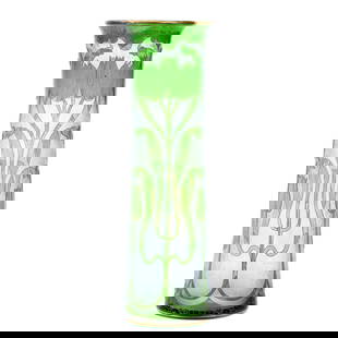 Vase, Brilliant Period Art Glass Signed Honesdale By Dorflinger: Vase, Brilliant Period Art Glass Signed Honesdale By Dorflinger, 14.75" x 4.5", Green Overlay Acid Cut To Clear, Tulip Decor, Gold Stencil Highlights, California Private Collection.