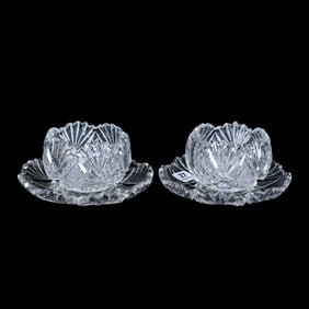 Pair Ramekins With Underplates, American Brilliant Cut Glass, Harvard Pattern By Libbey