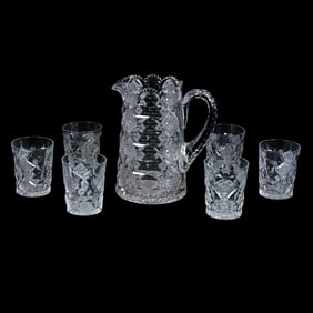 Water Set, American Brilliant Cut Glass, Signed Hawkes Queens Pattern