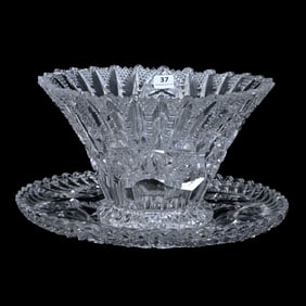 Salad Bowl And Underplate, American Brilliant Cut Glass, Signed Libbey Glenda Pattern