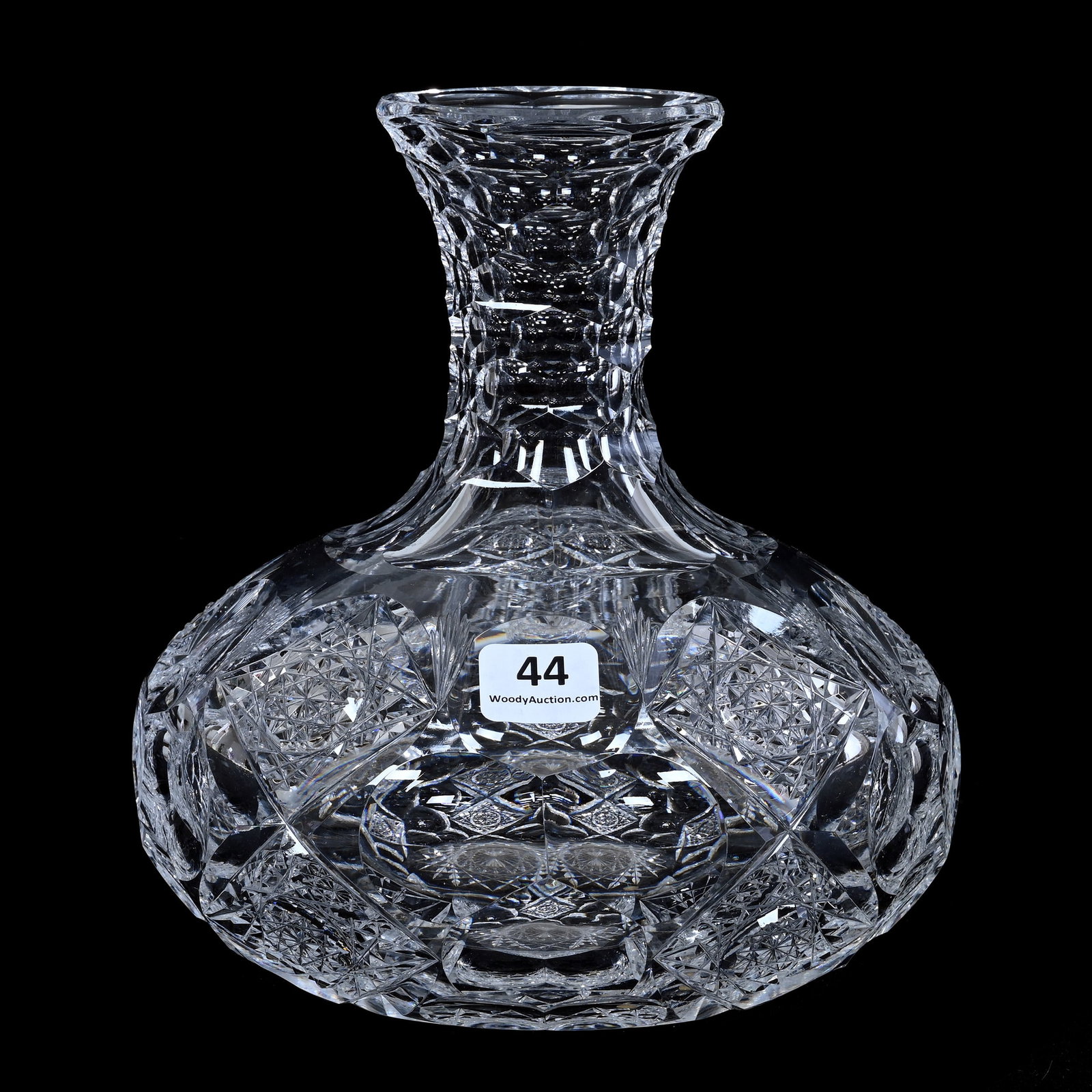 Water Carafe, American Brilliant Cut Glass, Signed Hawkes Queens Pattern: Water Carafe, American Brilliant Cut Glass, Signed Hawkes Queens Pattern, 7" x 6.5", Hobstar Base, Honeycomb Neck, Estate Of Paul Pellet, Texas.
