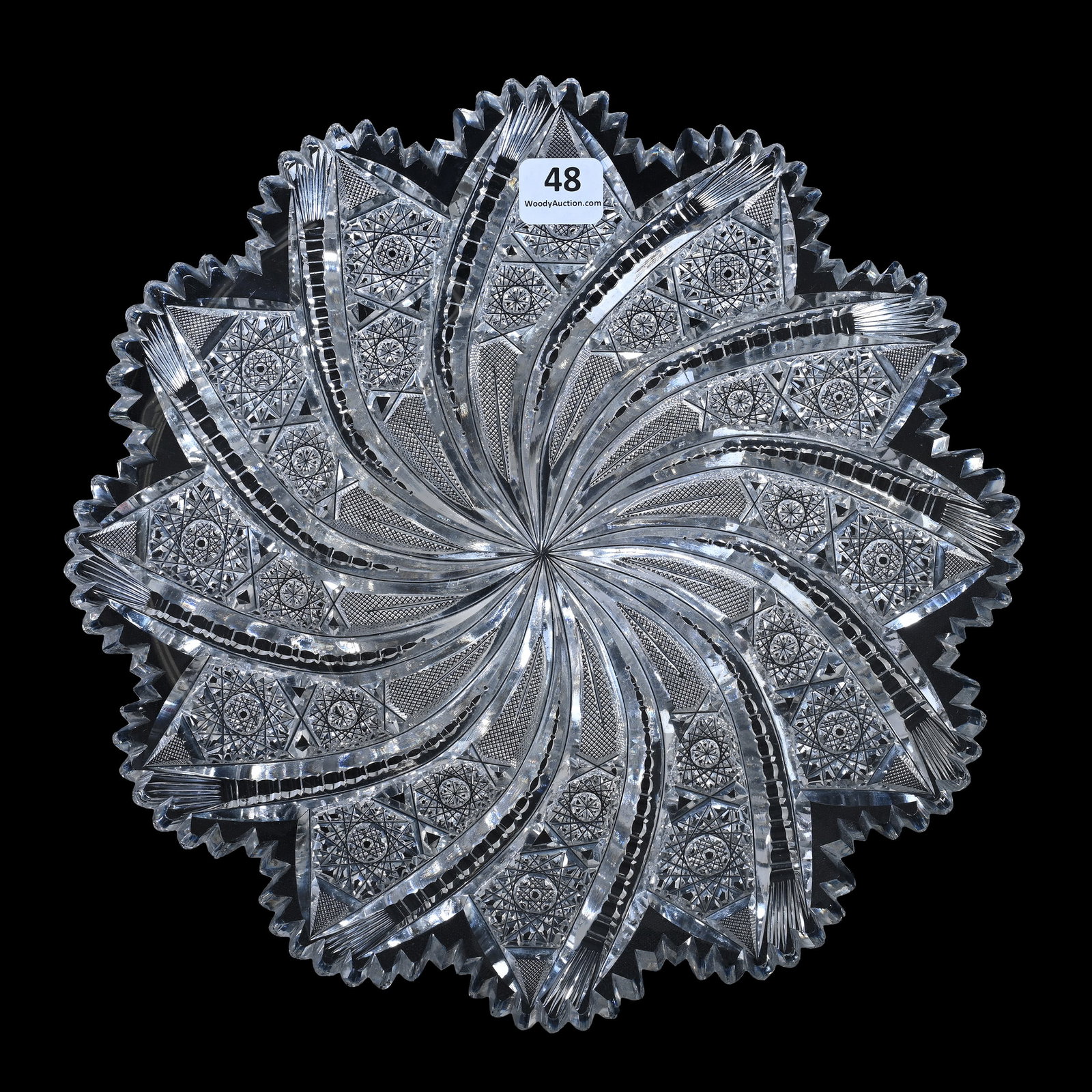 Plate, American Brilliant Cut Glass: Plate, American Brilliant Cut Glass, 9.75", Beautiful Spiral Comet Type Design With Hobstar, Strawberry Diamond And Prism Motif, Estate Of Paul Pellet, Texas.